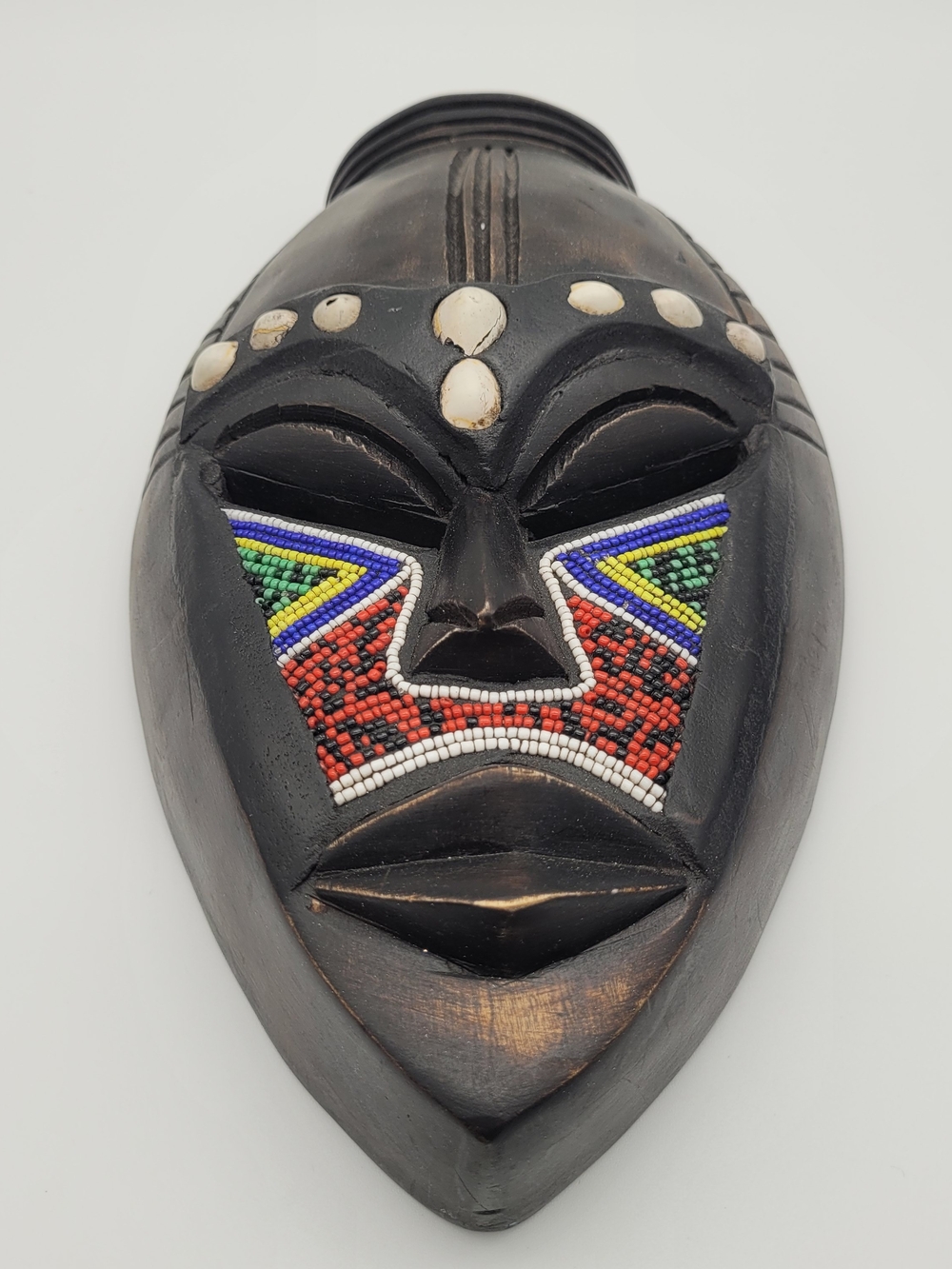 Handcrafted Ghana Wooden Tribal Mask with Multicolor Beadwork